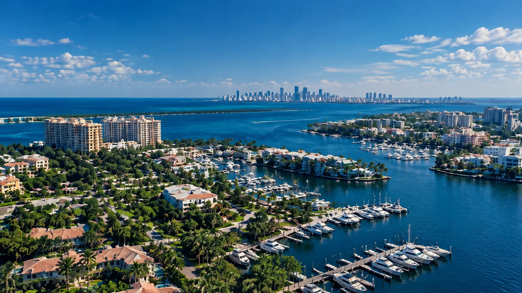 Aerial waterfront view of coastal residential and commercial properties